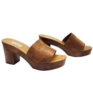 Steve Madden Fran Brown Leather Suede Wooden Platform Sandals Women's Size 10